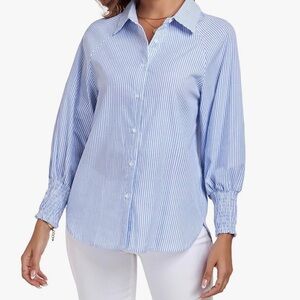 Blue Button Down Striped Puff Sleeve  Top
